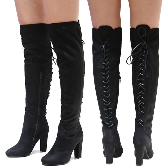 New Black Lace Up Over the Knee High Heel Boots - Picture 1 of 4